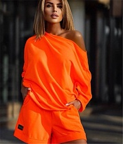 Solid Off Shoulder Loose T Shirt Casual Shorts Sets WDS-220278