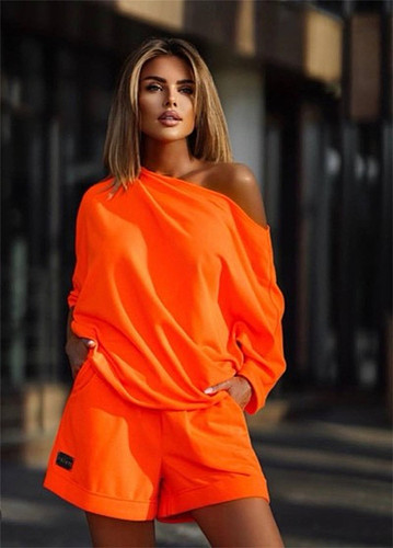 Solid Off Shoulder Loose T Shirt Casual Shorts Sets WDS-220278