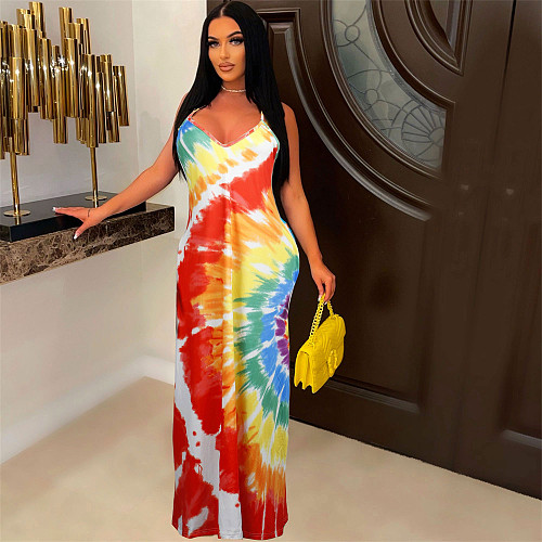 Tie Dye Print Loose Spaghetti Straps Maxi Dress FSX-343