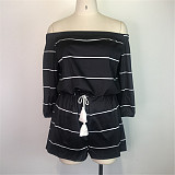 Striped Off Shoulder Lace Up Loose Wide Leg Romper WDS-8921