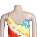 Tie Dye Print Loose Spaghetti Straps Maxi Dress FSX-343