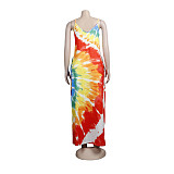 Tie Dye Print Loose Spaghetti Straps Maxi Dress FSX-343