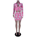 Floral Print Long Sleeve Blazer Crop Top+Skirt Suit MDF-5309