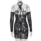 Lace Drawstring Ruched Long Sleeve Backless Dresses OYW-8448