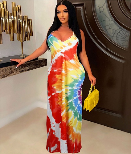 Tie Dye Print Loose Spaghetti Straps Maxi Dress FSX-343