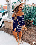 Striped Off Shoulder Lace Up Loose Wide Leg Romper WDS-8921