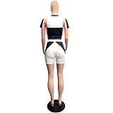 Workout Color Block Short Sleeve Crop Tops+Shorts Sets FOS-8221