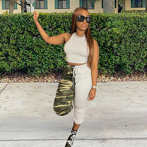 Crop Tank Top And Camouflage Print Pants Outfits WDS-220268