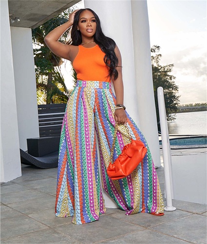 High Waist Print Loose Plus Size Wide Leg Pants ZAND-31200