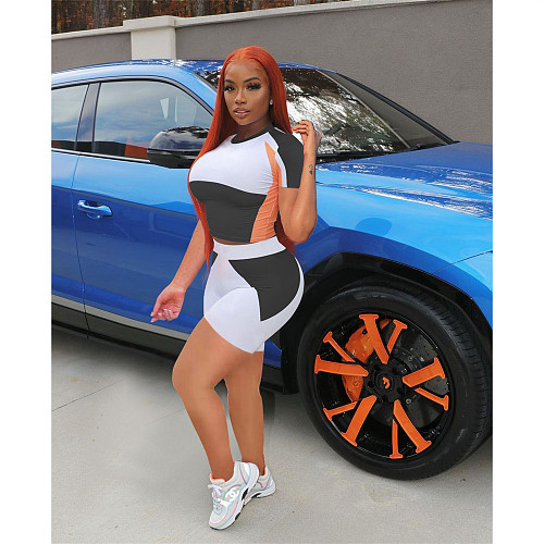 Workout Color Block Short Sleeve Crop Tops+Shorts Sets FOS-8221