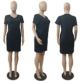 V Neck Short Sleeve Solid Pocket Loose Casual Dress ABL-6669