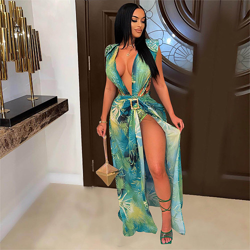 Tie Up Backless V-neck Bodysuit+Cover Up Skirt Sets MDF-5304