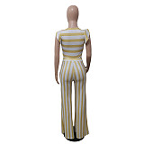 Striped Sleeveless Tank Vest Loose Wide Leg Pants 2pcs CN-0183