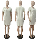 V Neck Short Sleeve Solid Pocket Loose Casual Dress ABL-6669