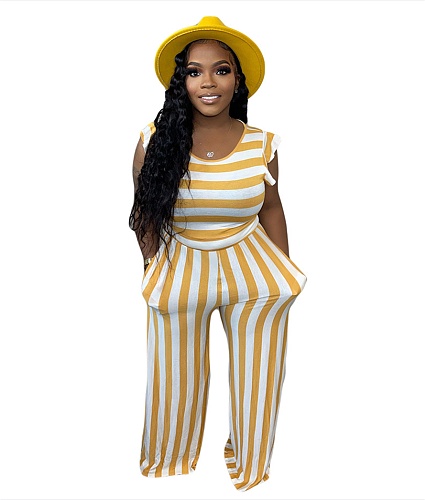 Striped Sleeveless Tank Vest Loose Wide Leg Pants 2pcs CN-0183