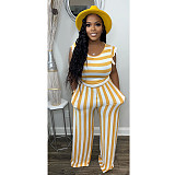 Striped Sleeveless Tank Vest Loose Wide Leg Pants 2pcs CN-0183