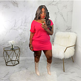 V Neck Short Sleeve Solid Pocket Loose Casual Dress ABL-6669