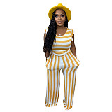 Striped Sleeveless Tank Vest Loose Wide Leg Pants 2pcs CN-0183