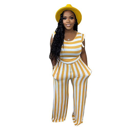 Striped Sleeveless Tank Vest Loose Wide Leg Pants 2pcs CN-0183