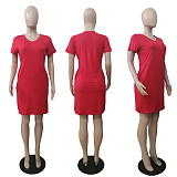 V Neck Short Sleeve Solid Pocket Loose Casual Dress ABL-6669