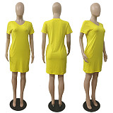 V Neck Short Sleeve Solid Pocket Loose Casual Dress ABL-6669