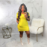 V Neck Short Sleeve Solid Pocket Loose Casual Dress ABL-6669