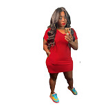 V Neck Short Sleeve Solid Pocket Loose Casual Dress ABL-6669