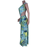 Tie Up Backless V-neck Bodysuit+Cover Up Skirt Sets MDF-5304