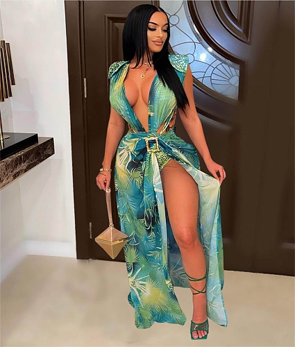 Tie Up Backless V-neck Bodysuit+Cover Up Skirt Sets MDF-5304