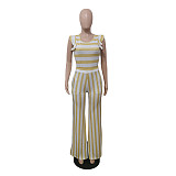 Striped Sleeveless Tank Vest Loose Wide Leg Pants 2pcs CN-0183