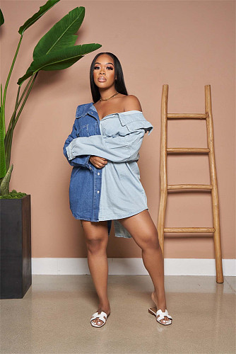 Patchwork Single-breasted Long Sleeve Denim Shirt Dress CY-7111
