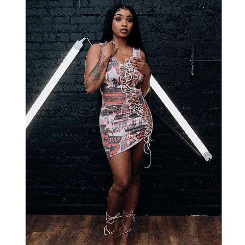 Sleeveless Cut Out Lace Up Front Bodycon Mini Dress BN-829