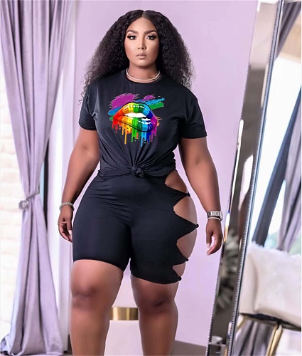 Short Sleeve T-Shirt and Cut Out Biker Shorts Matching Set OY-6327
