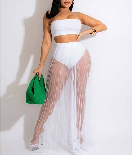 Strapless Crop Top Mesh Pleated See Through Skirt Set LA-3308