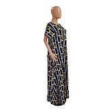 Plaid Print Short Sleeve Backless Loose Maxi Dress DY-6927