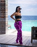 Strapless Crop Top+Print Wide Leg Pants 2 Pcs Set ZAND-31201