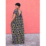 Plaid Print Short Sleeve Backless Loose Maxi Dress DY-6927