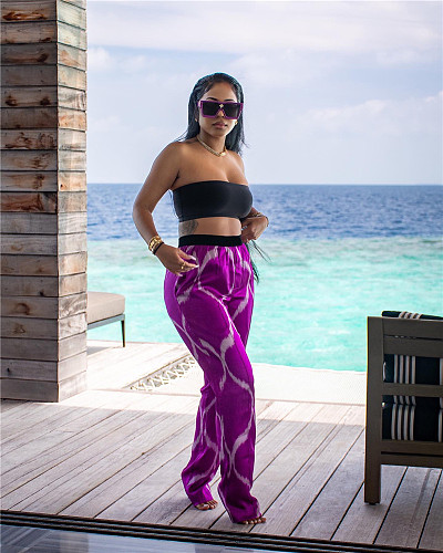 Strapless Crop Top+Print Wide Leg Pants 2 Pcs Set ZAND-31201