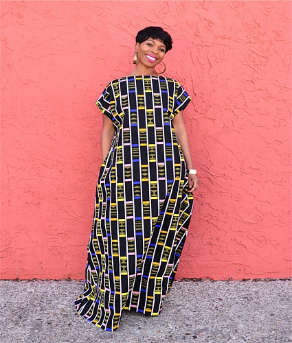 Plaid Print Short Sleeve Backless Loose Maxi Dress DY-6927