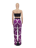 Strapless Crop Top+Print Wide Leg Pants 2 Pcs Set ZAND-31201
