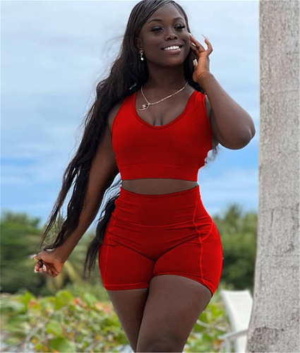U-Neck Sleeveless Crop Top High Waist Shorts Yoga Sets MEI-9252