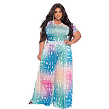 Plus Size Printed Short Sleeve Loose Wide Leg Jumpsuit JLY-19335