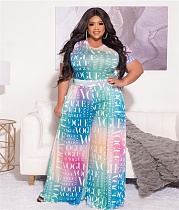 Plus Size Printed Short Sleeve Loose Wide Leg Jumpsuit JLY-19335