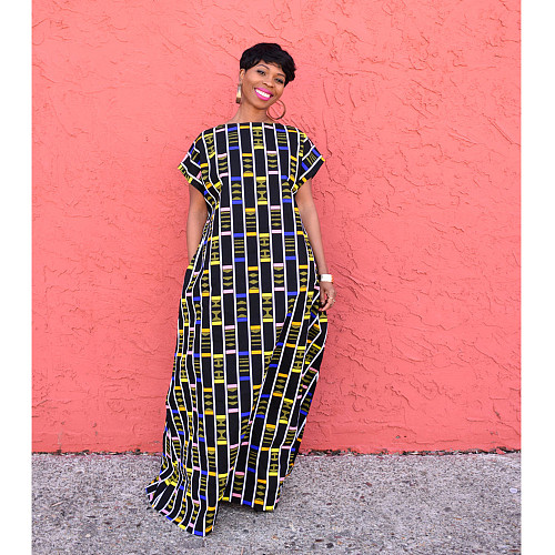 Plaid Print Short Sleeve Backless Loose Maxi Dress DY-6927