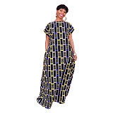 Plaid Print Short Sleeve Backless Loose Maxi Dress DY-6927
