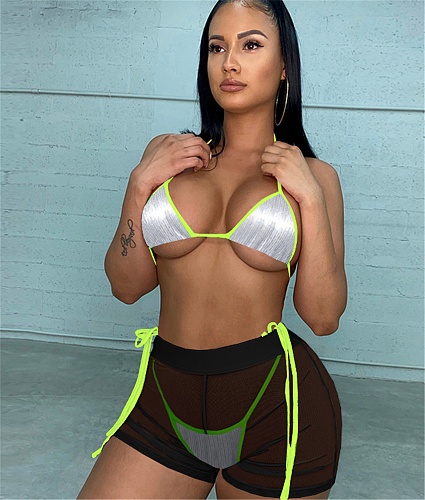Sequins Bikini Set+Mesh See-through Shorts 3 Piece Swimsuit TE-4414