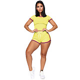 Side Striped Short Sleeve Crop Top and Shorts Outfits SH-390307