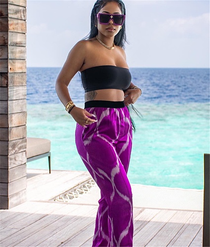 Strapless Crop Top+Print Wide Leg Pants 2 Pcs Set ZAND-31201