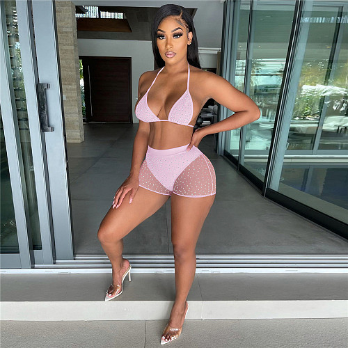 Sparkly Sequin Bra Top Mesh Shorts Beach 2 Piece Suit  TE-4391