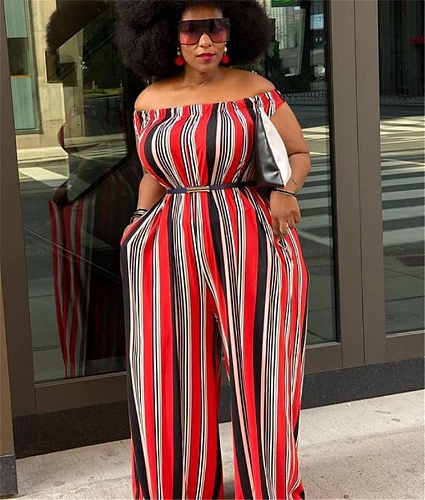 Striped Short Sleeve Off Shoulder Wide Leg Jumpsuits PINH-1223